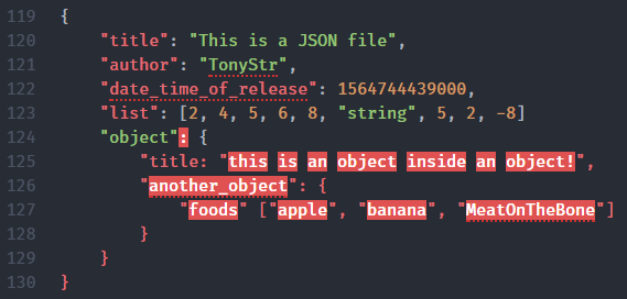 A comma is missing at the end of line 123, "title: is missing a closing quote on line 125, and "foods" is missing a colon on line 127